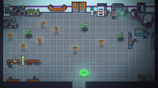 Caustic Bloom screenshot: a green jelly creature in a tiled laboratory