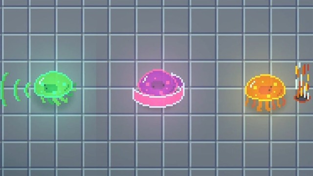 Caustic Bloom screenshot: the jelly creature in green, pink and orange